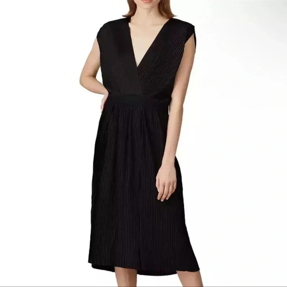 TOME Black Satin Cross Front Pleated Dress